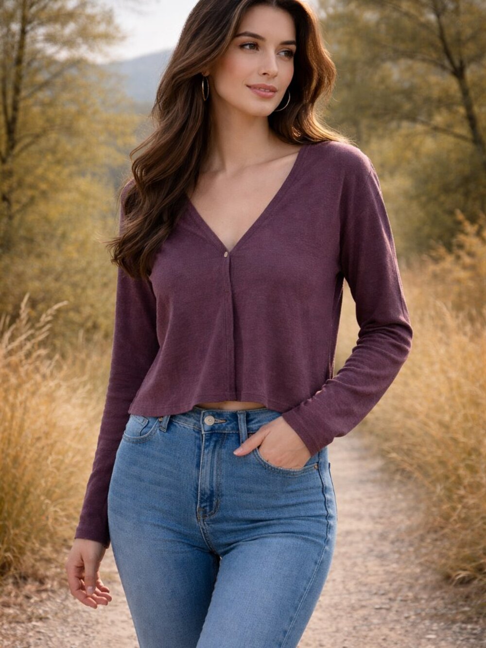 Cut Loose Plum Purple Cotton Linen V-Neck Single Button Crop Top Made in USA L